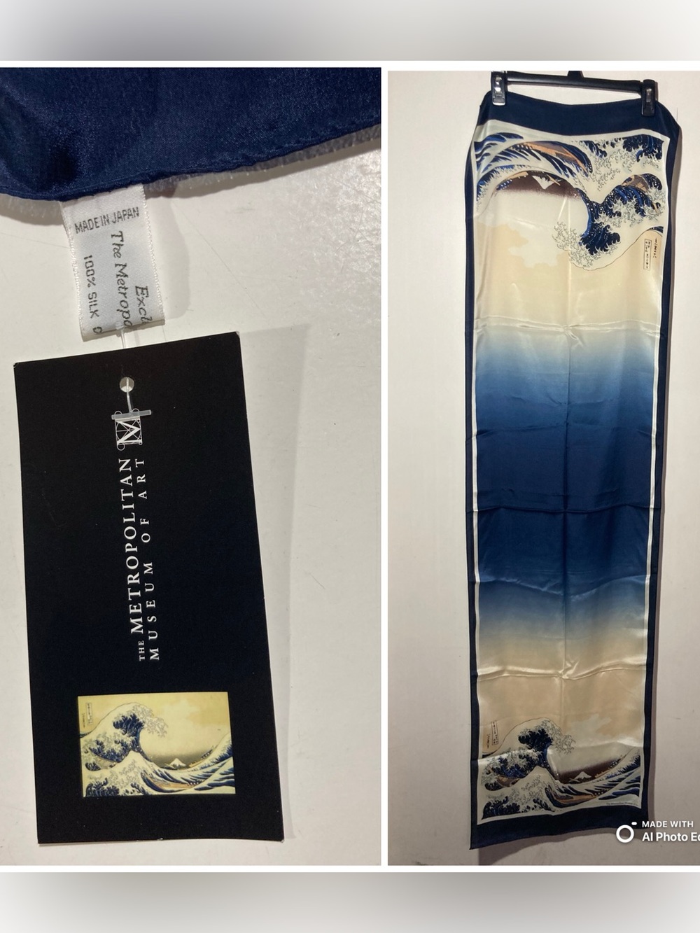 NWT Hokusai Great Wave Oblong Silk Scarf 64”x18” Metropolitan Museum of Art